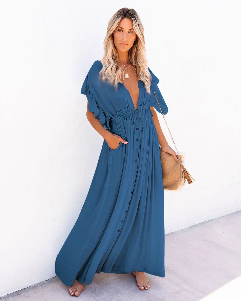 Summer Women’s V-Neck Kimono Bikini Cover-Up – Lace-Up Boho Beach Dress