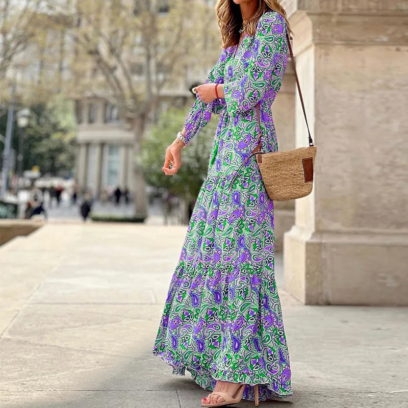 Elegant Women’s Flower Long Dress – Spring Bohemian Printed Abiye Dress