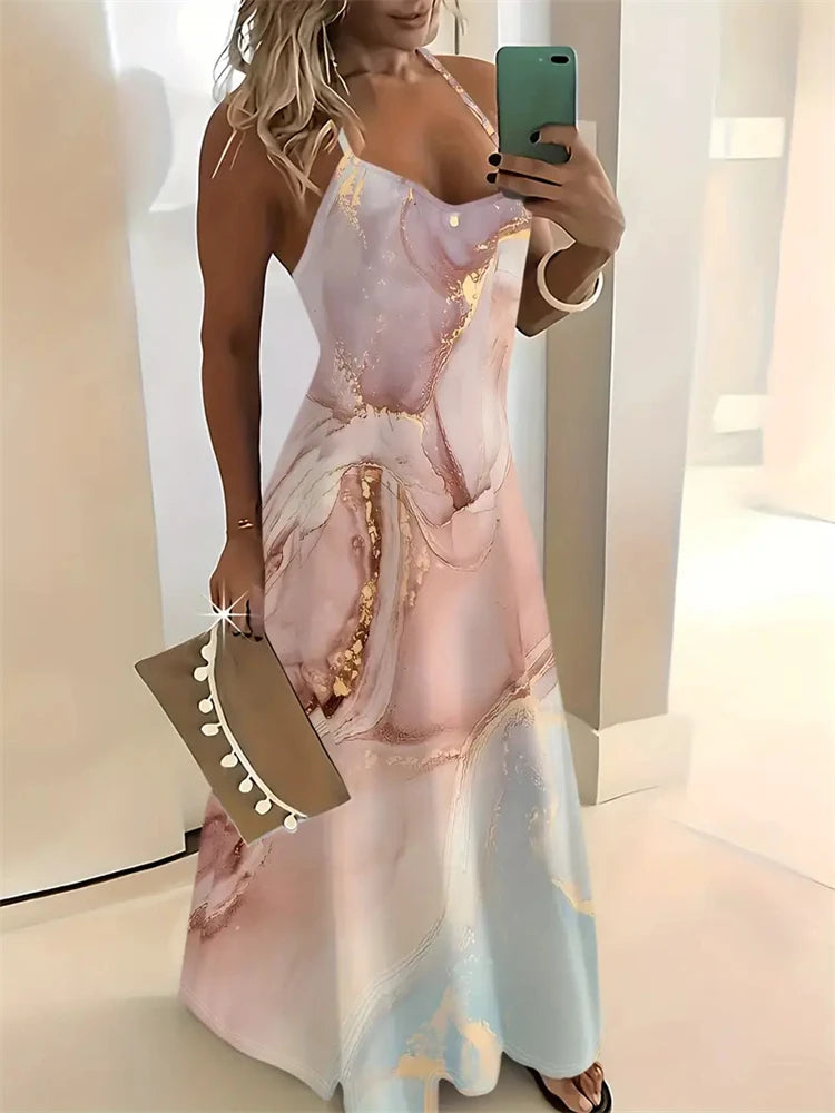 Women’s Summer Sleeveless Retro Strap Dress – Casual 3D Texture Print