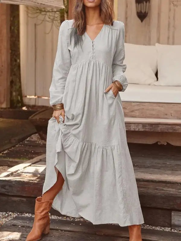 Vintage Cotton Linen Maxi Dress – Women’s Casual Long Sleeve V-Neck Dress