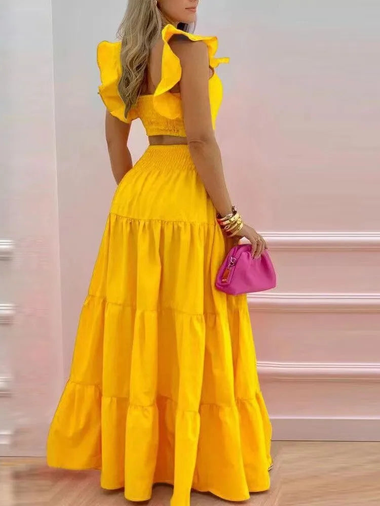 Summer 2-Piece Set – Sexy Solid Maxi Skirt & Loose Top Outfit for Women