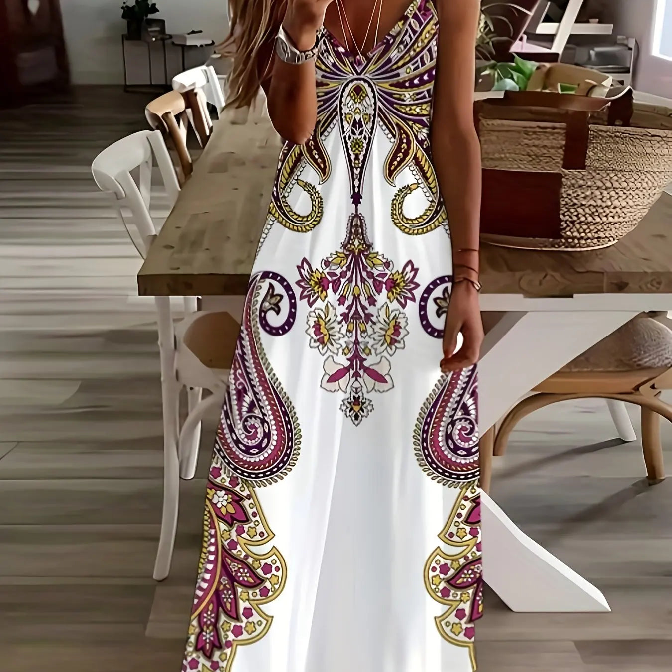 Retro Fishing Net Print Sleeveless Suspender Ankle-Length Dress