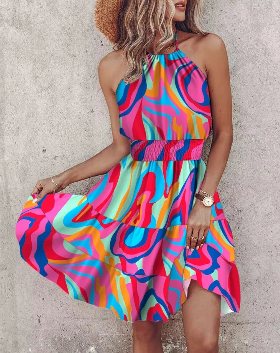 Sexy Summer Sleeveless Mini Dress with Irregular Print