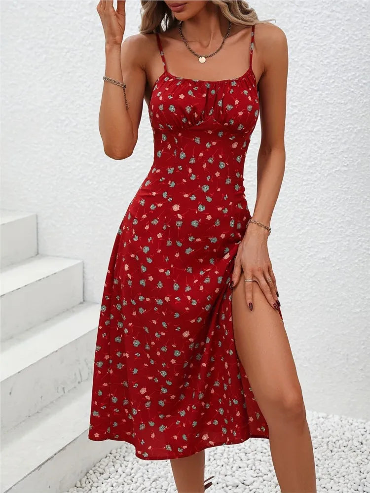 Robe mi-longue d'été à pois – Robe de plage sexy sans manches à bretelles spaghetti pour femme