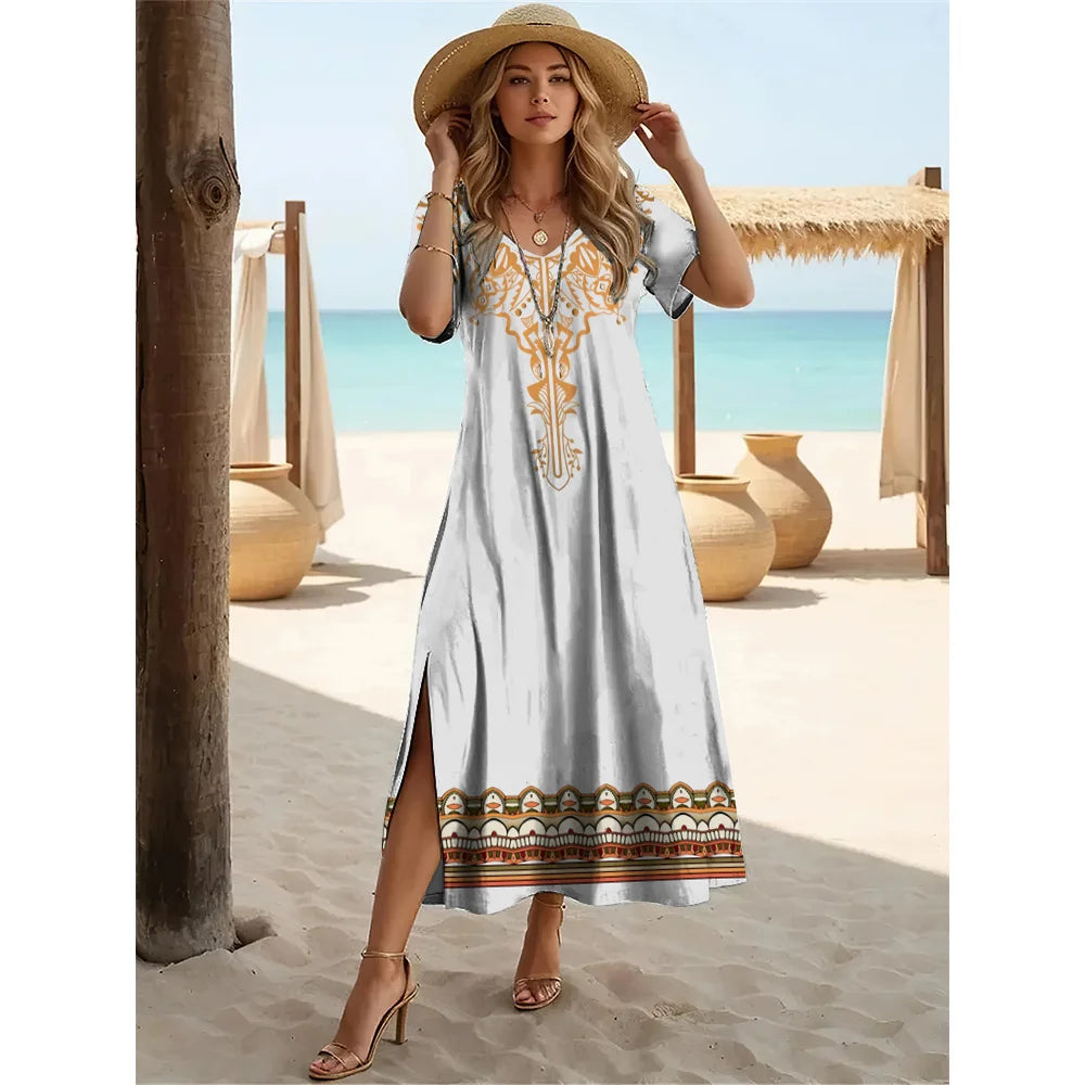Robe longue fendue style bohème d'été – Robe pull à manches courtes et col en V pour femme