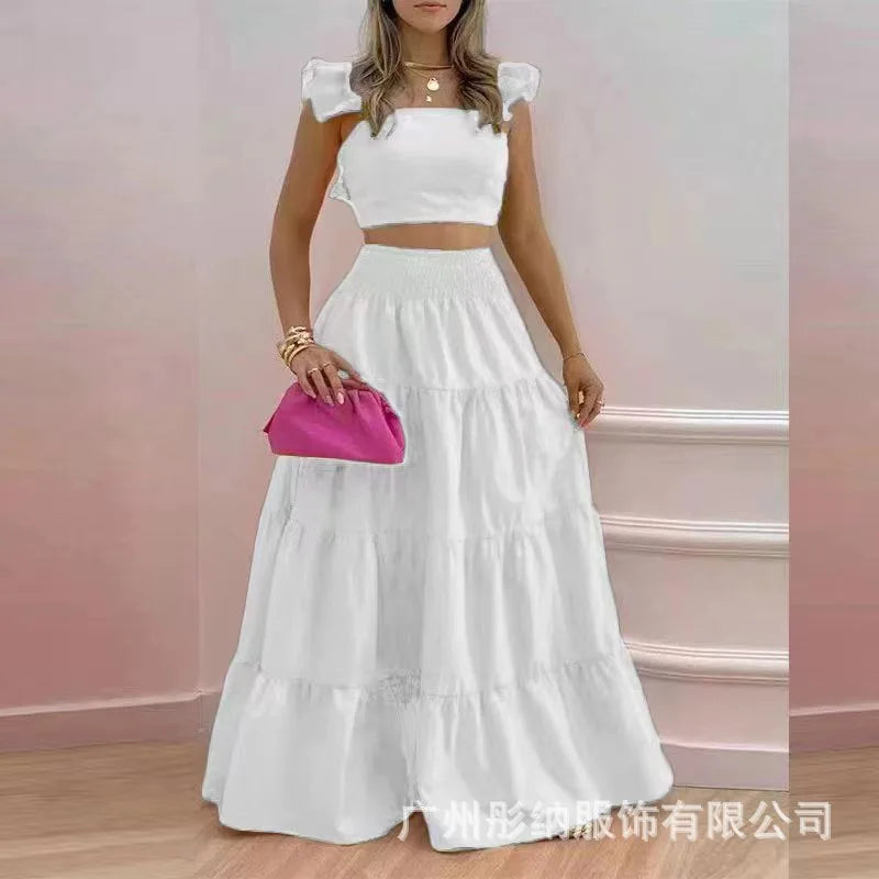 Summer 2-Piece Set – Sexy Solid Maxi Skirt & Loose Top Outfit for Women