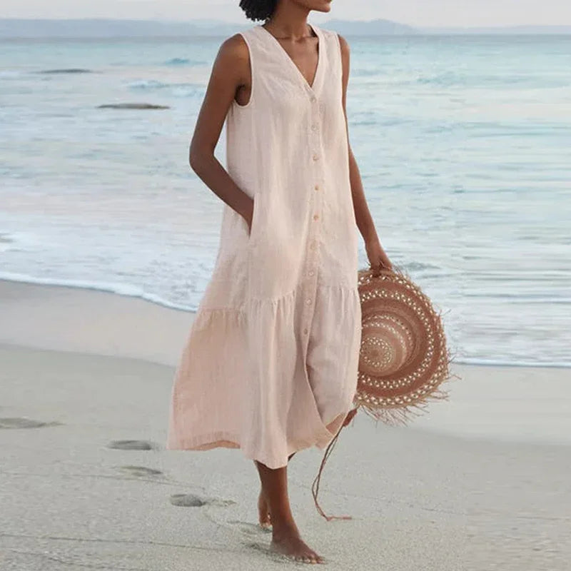 Summer Cotton Linen Patchwork Dress – V-Neck Sleeveless Midi with Pockets