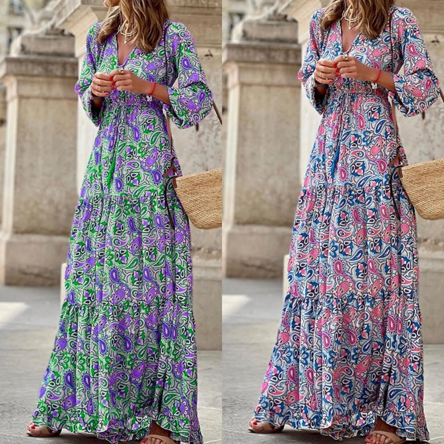 Elegant Women’s Flower Long Dress – Spring Bohemian Printed Abiye Dress