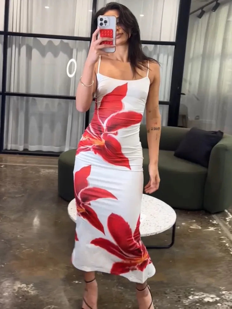 Robe longue imprimée d'été Tossy pour femme – Dos nu, taille haute, fines bretelles