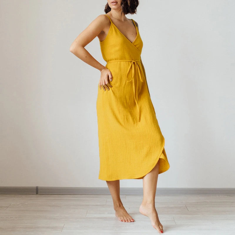 Vintage Women’s 100% Cotton Crepe Gauze V-Neck Sleeveless Bandage Long Maxi Dress