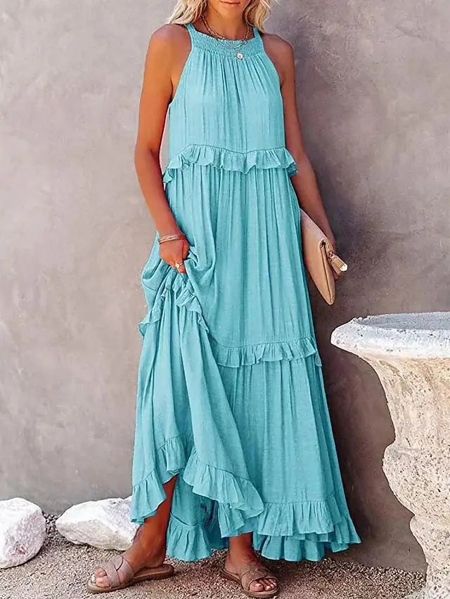 Robe longue dos nu à col licou – Robe de plage à volants et lacets pour femme