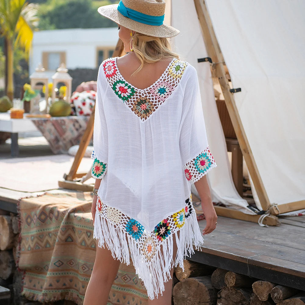 Women’s Crochet Beach Cover-Up – Sexy Hollow Tunic with Fringe Detail
