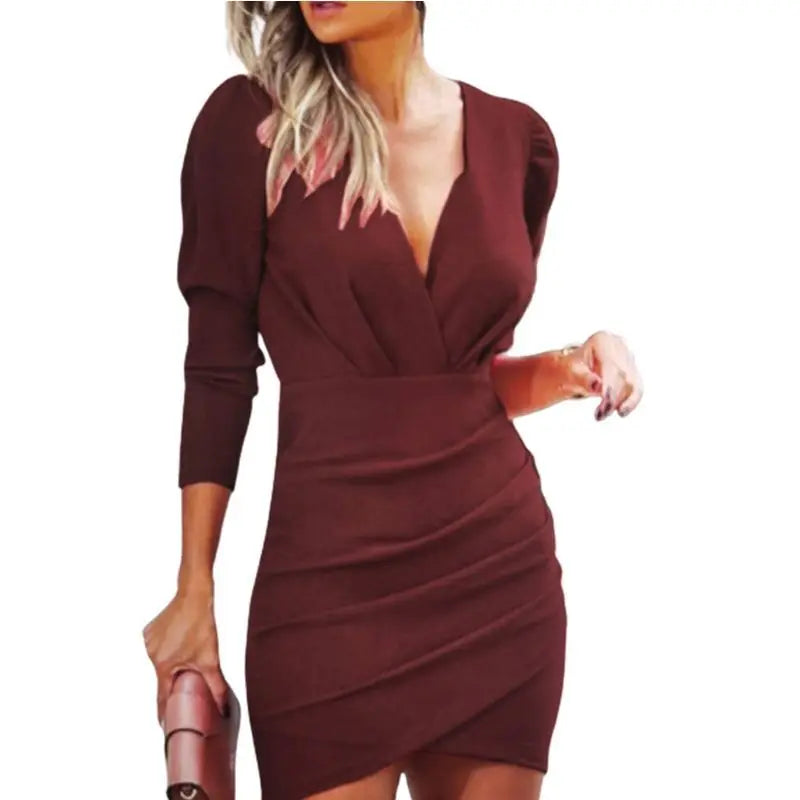 Women’s Sexy Mini Dress - V-Neck - Long Sleeve - Slim Fit - Solid Color - Pleated Party Dress - Spring Autumn Vestidos Cortos