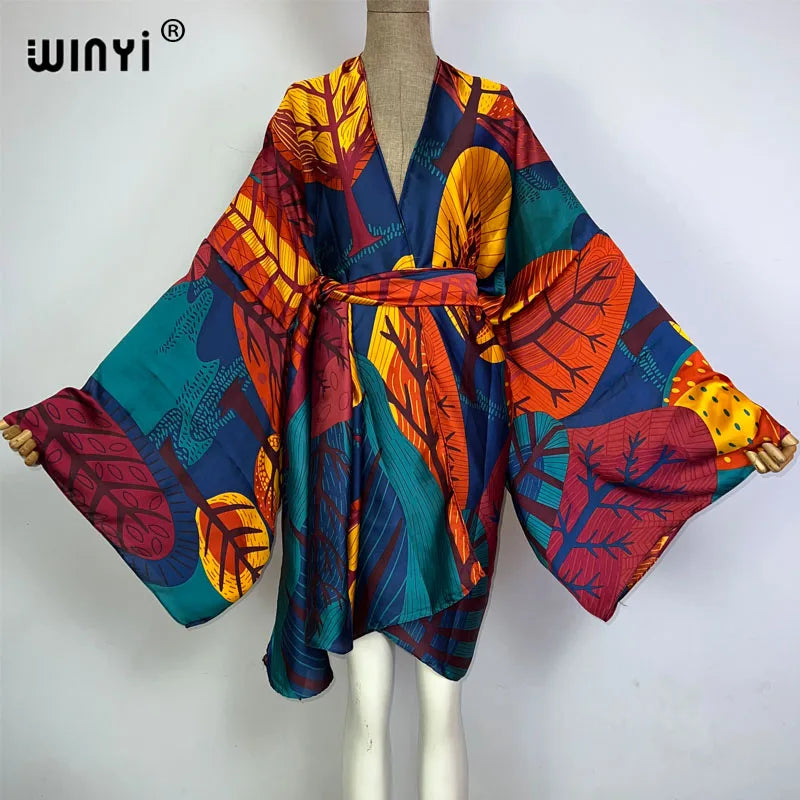 WINYI Bohemian Print Bikini Cover-Up – Elegant Self-Belted Boho Kimono Dress for Women