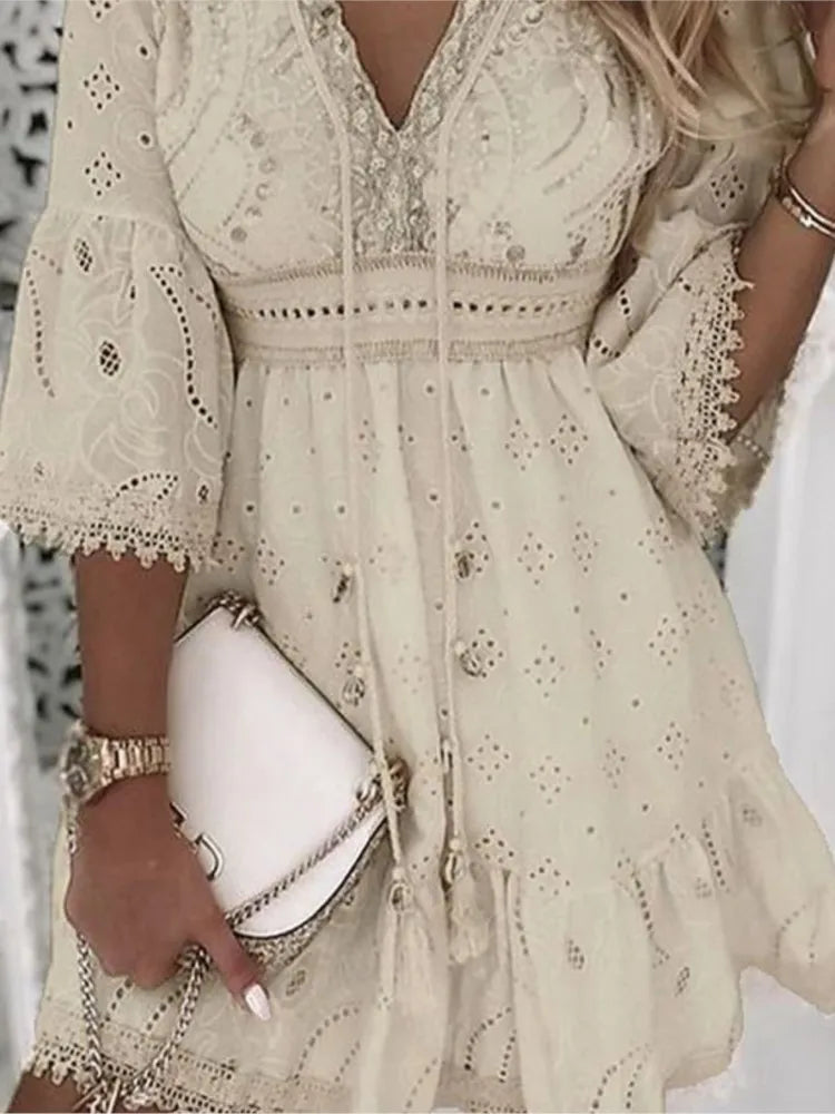 Elegant Women’s White Hollow Lace Mini Dress - Chic summer dress for women