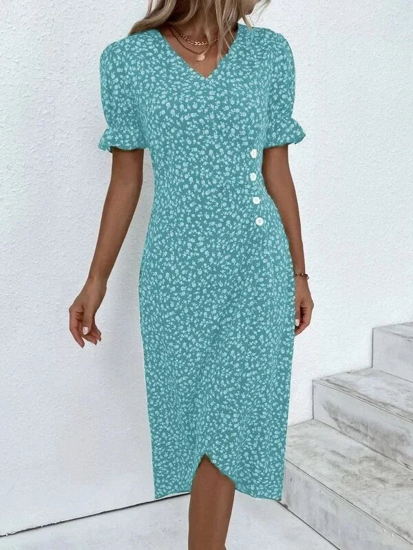 Robe midi plissée à fleurs élégante avec manches bouffantes et taille froncée