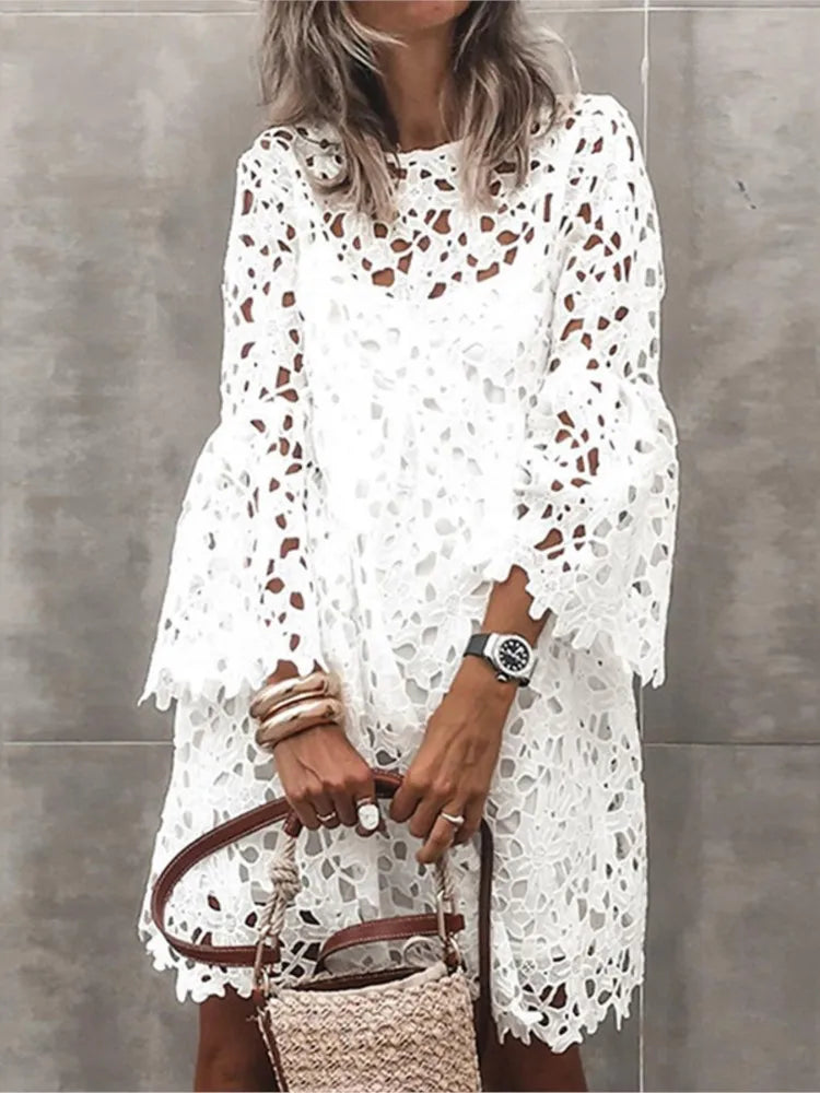 Lace Hollow Floral Dress – Elegant Long Sleeve Knee-Length Autumn Dress