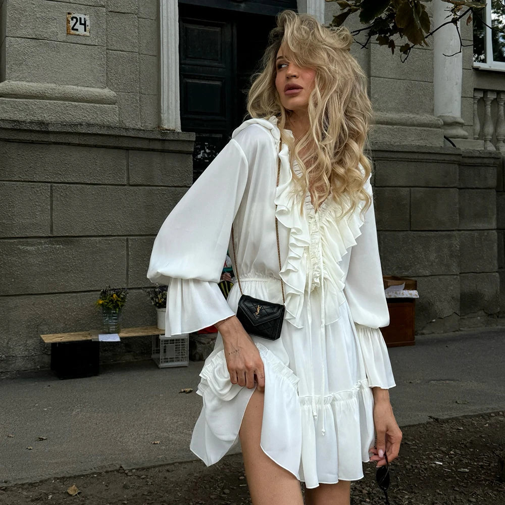 Talenza White Ruffle Bandage Mini Dress – Elegant V-Neck Lace-Up Long Sleeve Dress