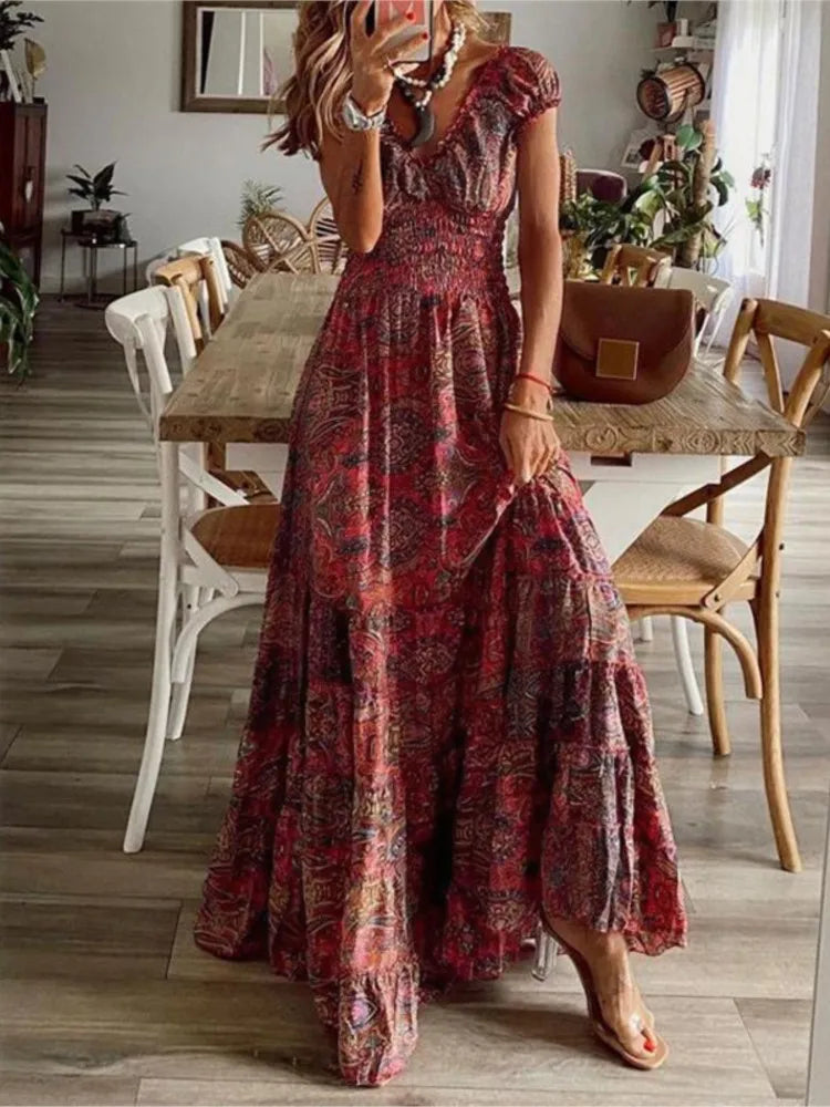 Summer Ethnic Printed A-Line Dress – Floral Petal Sleeves & Waist Detail