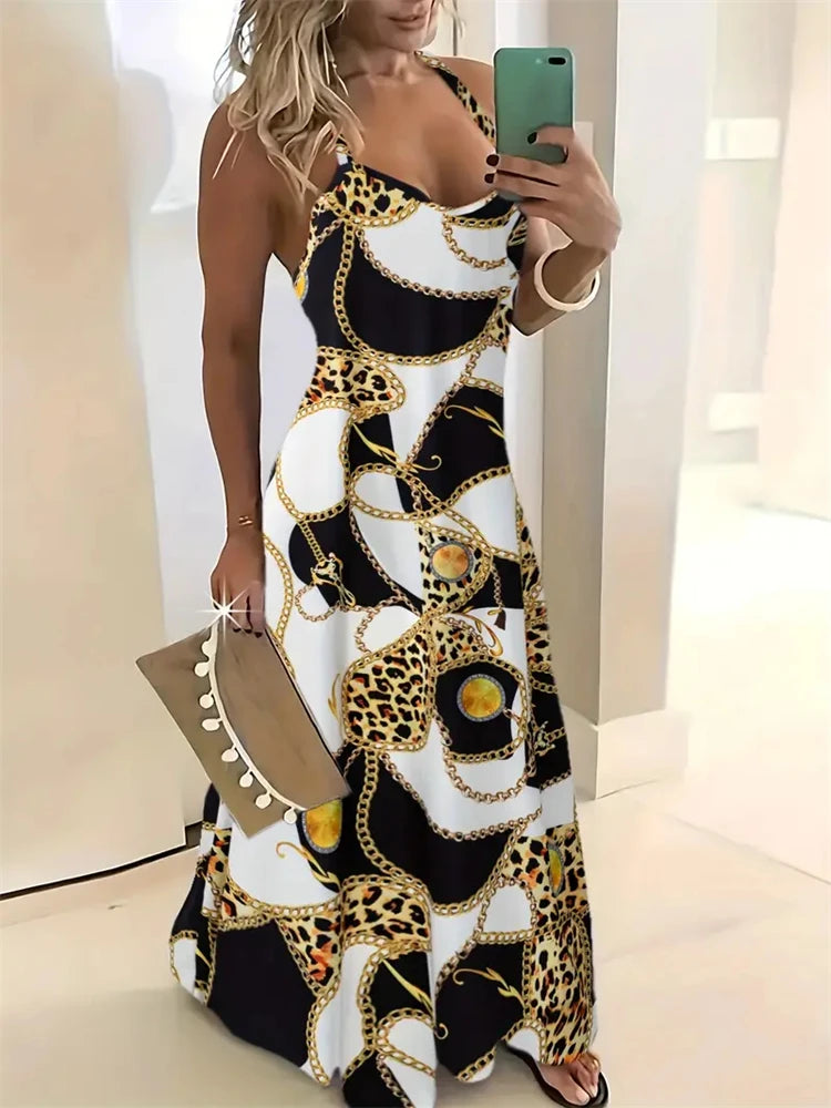 Women’s Summer Sleeveless Retro Strap Dress – Casual 3D Texture Print