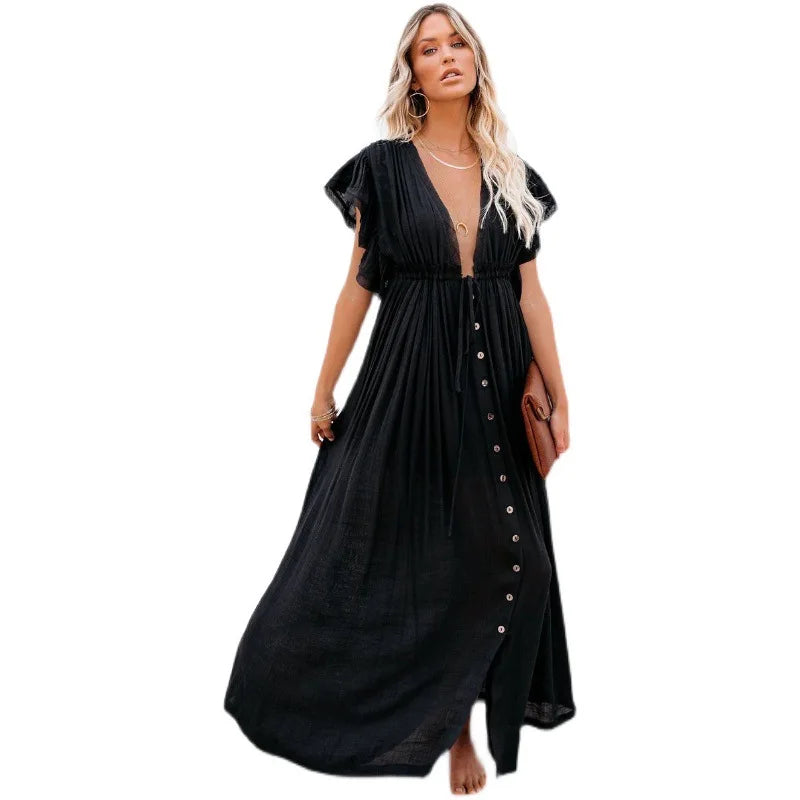 Summer Women’s V-Neck Kimono Bikini Cover-Up – Lace-Up Boho Beach Dress