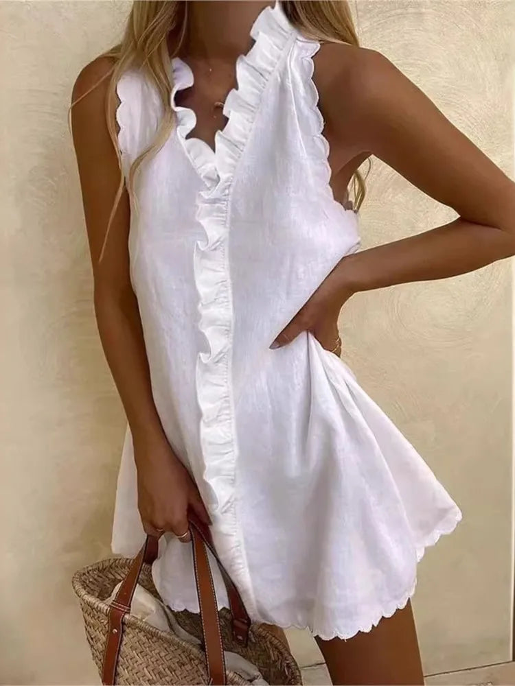 White Cotton Linen Mini Dress – Sleeveless V-Neck Ruffle Boho Summer Dress