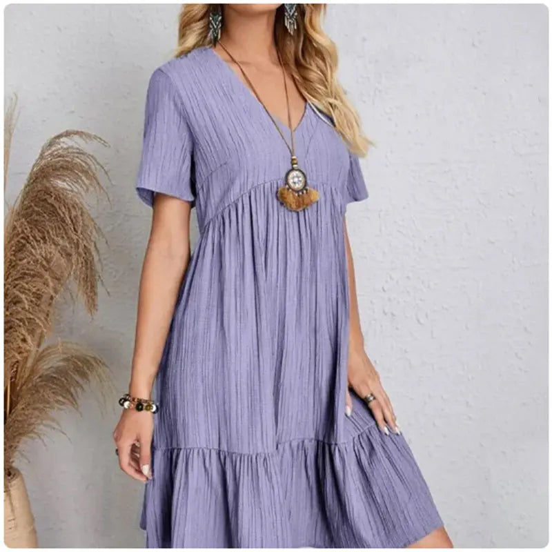 Women’s Peplum Summer Dress – V-Neck Short Sleeve Ruffle Flare Vacation Dress