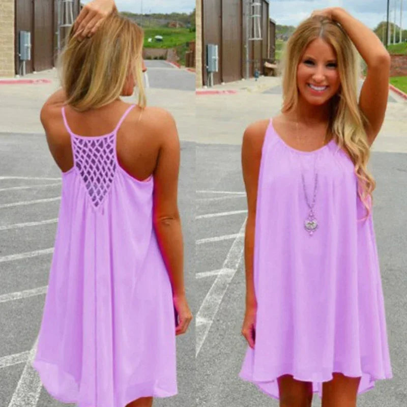 Loose Casual Summer Mini Dress – Sleeveless Spaghetti Strap Hollow-Out Bodycon