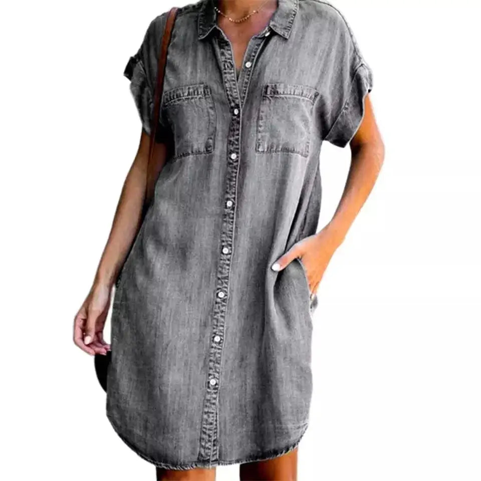 Women’s Casual Denim Shirt Dress – Summer Loose Fit Button-Down Dress with Pockets