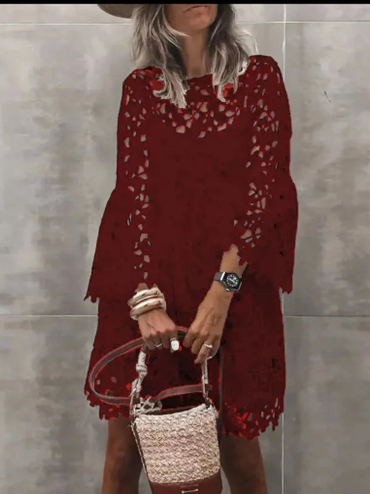 Lace Hollow Floral Dress – Elegant Long Sleeve Knee-Length Autumn Dress