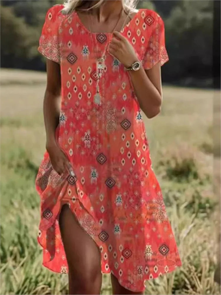 Bohemian Floral Print Dress for Women – Casual Short Sleeve O-Neck Summer Beach Holiday Dress