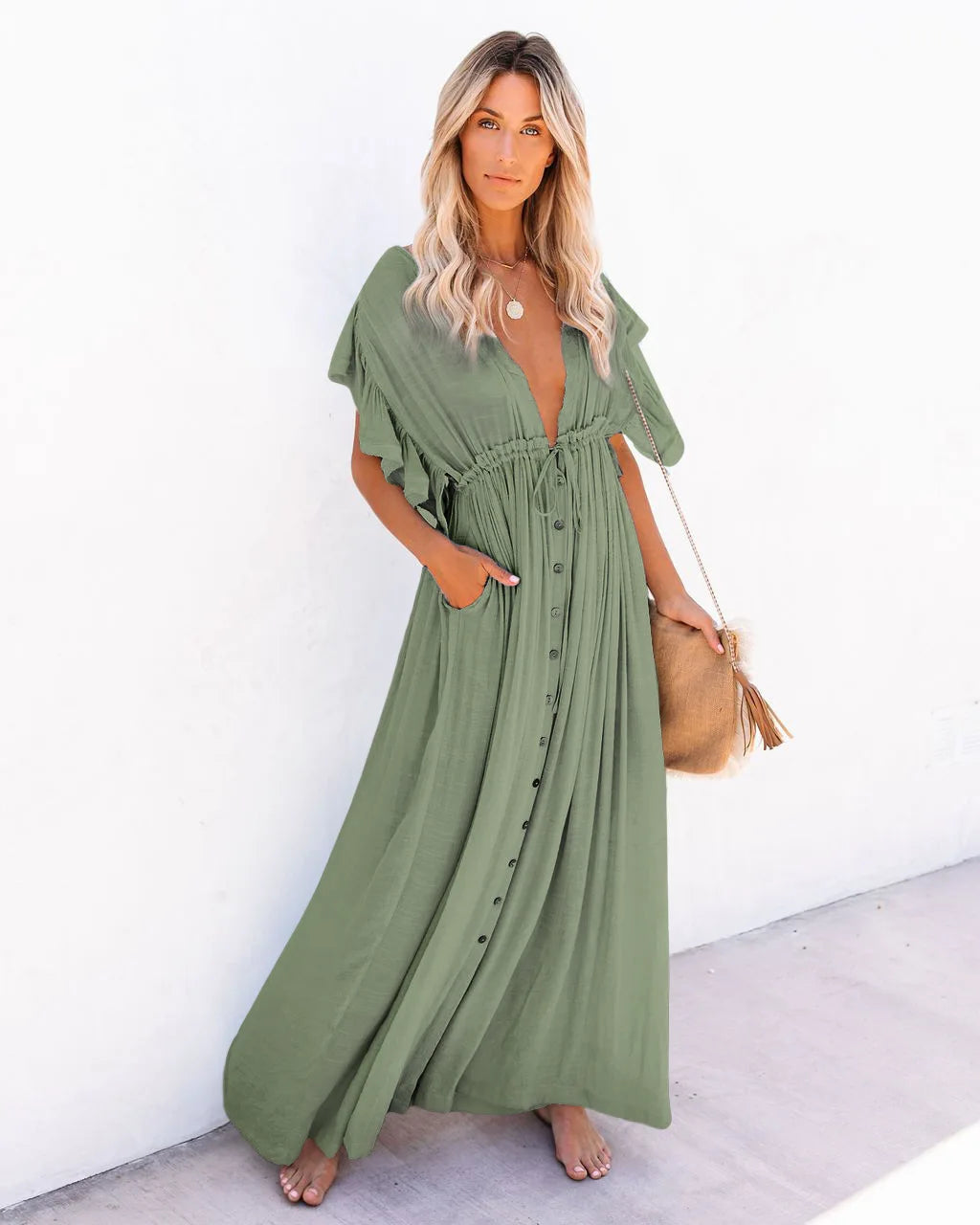 Summer Women’s V-Neck Kimono Bikini Cover-Up – Lace-Up Boho Beach Dress