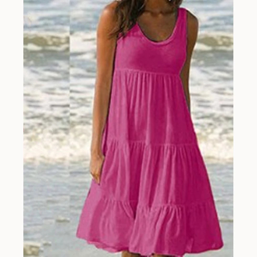 Women’s Casual O-Neck Sleeveless Ruffle Mini Dress – Boho Solid Beach Sundress