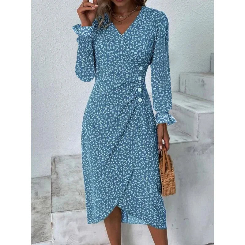 Robe midi plissée à fleurs élégante avec manches bouffantes et taille froncée