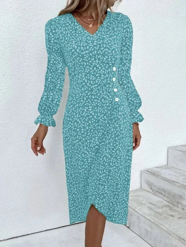 Robe midi plissée à fleurs élégante avec manches bouffantes et taille froncée