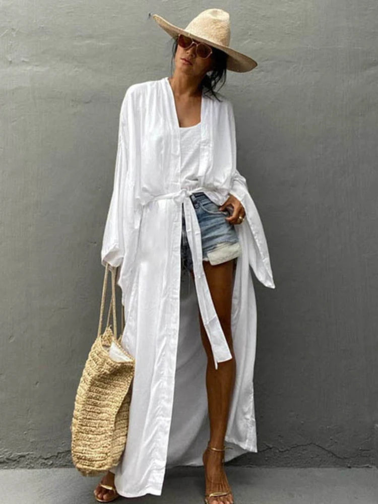 Solid Color Kimono Beach Cover-Up – Women’s Self-Belted Swimsuit Wrap Dress