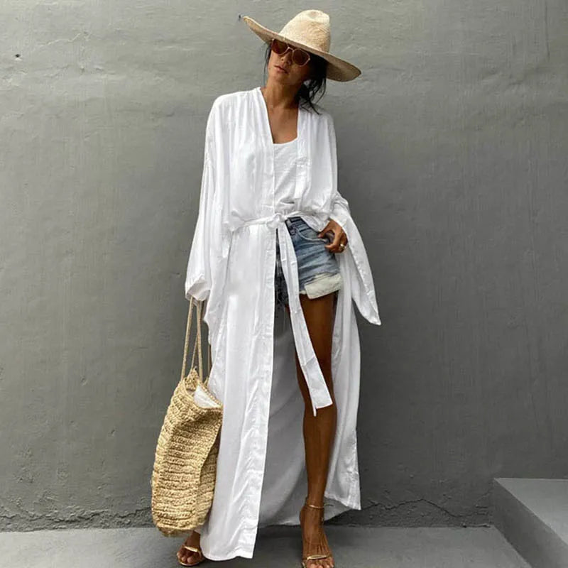 Solid Color Kimono Beach Cover-Up – Women’s Self-Belted Swimsuit Wrap Dress