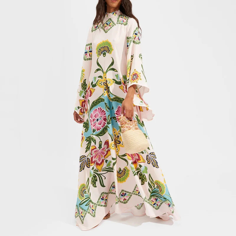 Robe imprimée élégante à col montant – Robe décontractée taille haute à manches longues et ample