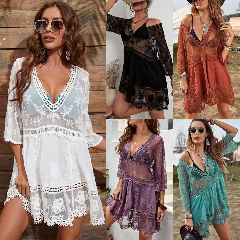 Sexy Mesh Bikini Cover-Up – Women’s Deep V-Neck Lace Hollow Beach Dress