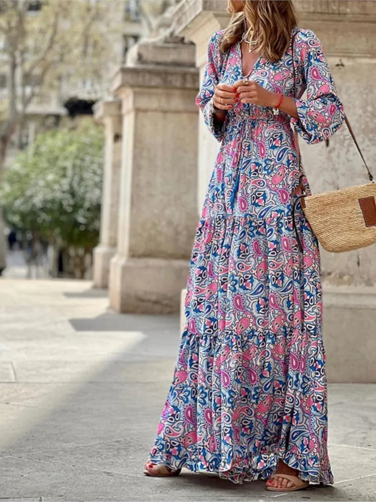Bohemian V-Neck Tie Waist Maxi Dress – Long Sleeve Autumn Casual Printed Dress