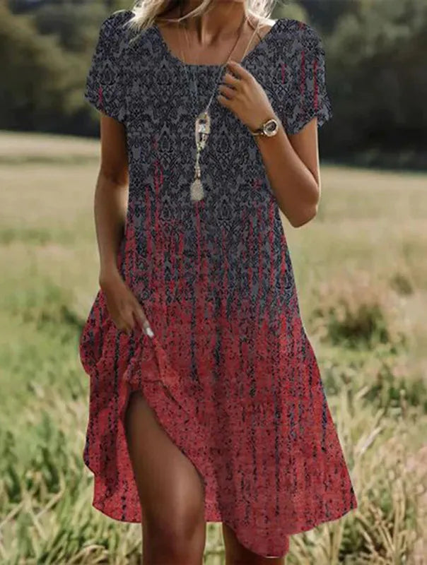 Bohemian Floral Print Dress for Women – Casual Short Sleeve O-Neck Summer Beach Holiday Dress