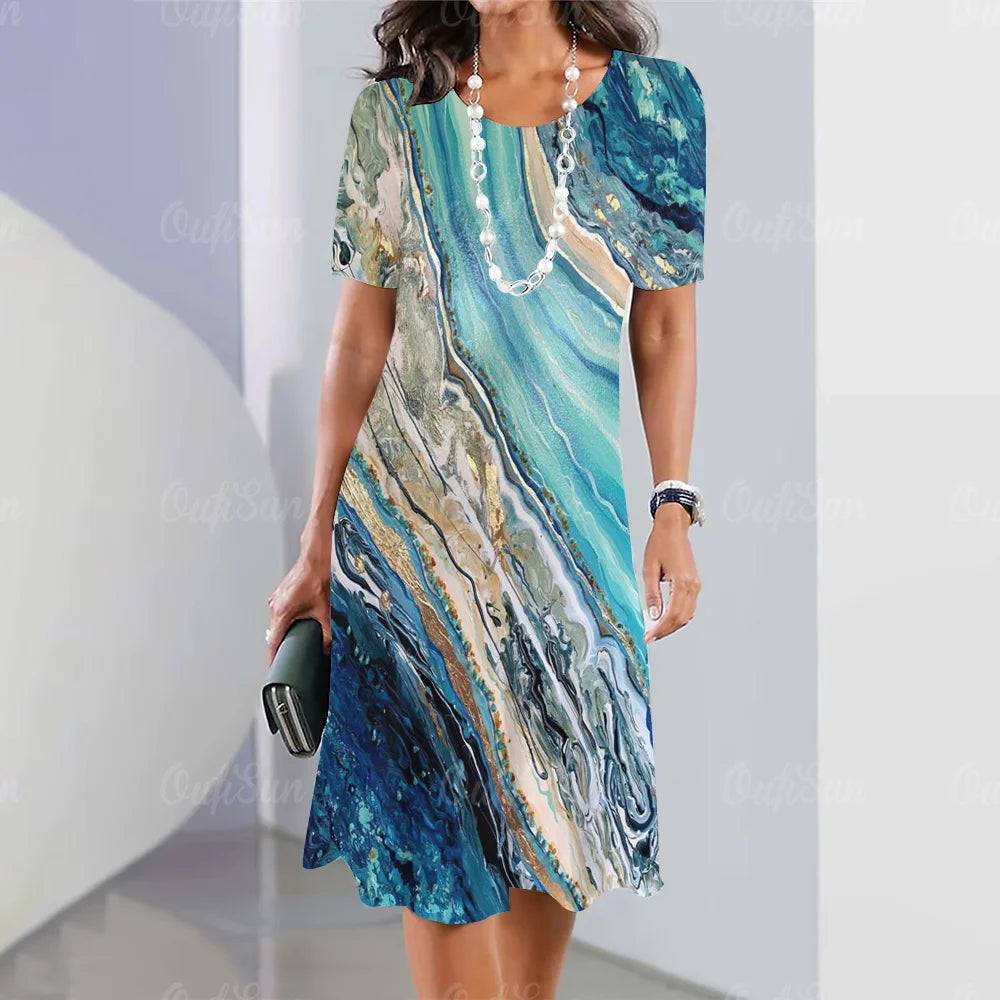 New Women’s Plus Size Midi Dress – Elegant Graphic Print Summer One-Piece