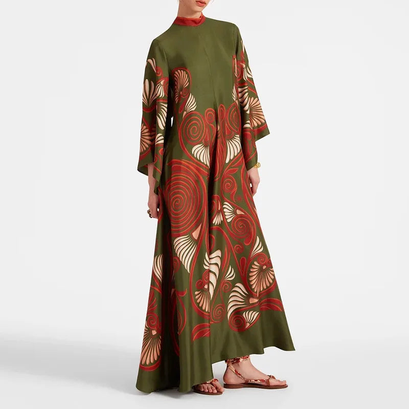 Robe imprimée élégante à col montant – Robe décontractée taille haute à manches longues et ample