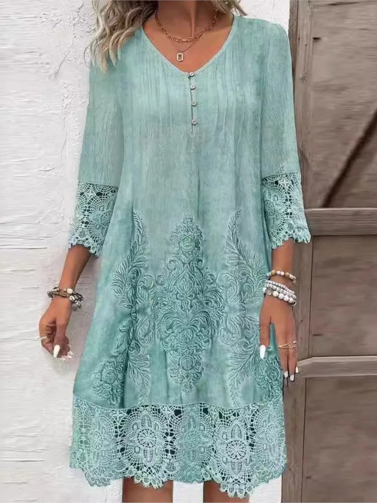 Vestido de encaje liso con cuello en V y botones: vestido informal holgado para oficina y vacaciones.