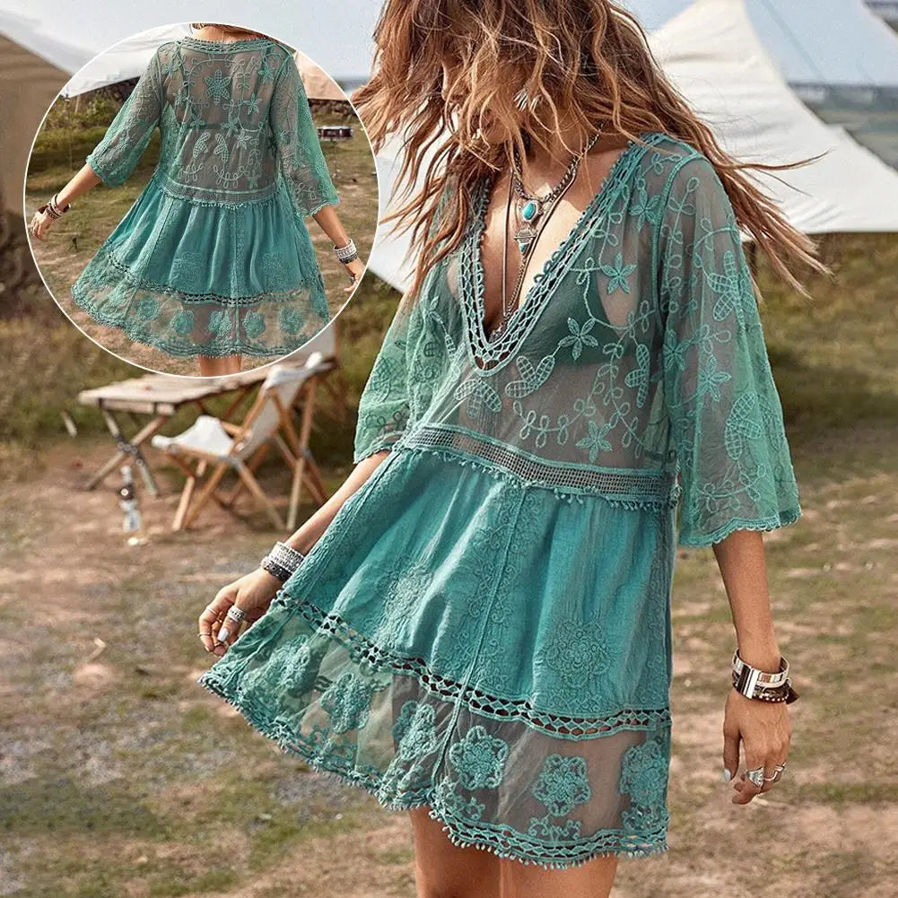Sexy Mesh Bikini Cover-Up – Women’s Deep V-Neck Lace Hollow Beach Dress