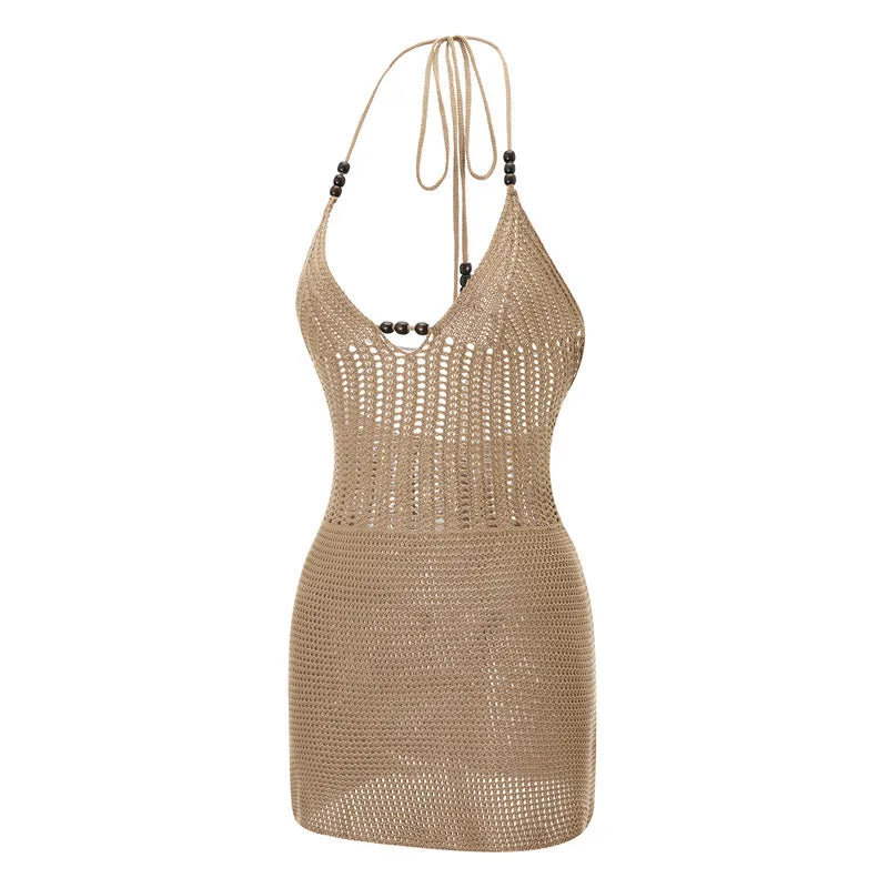 Robe courte dos nu Hirigin pour femme – Robe moulante d'été en tricot crocheté