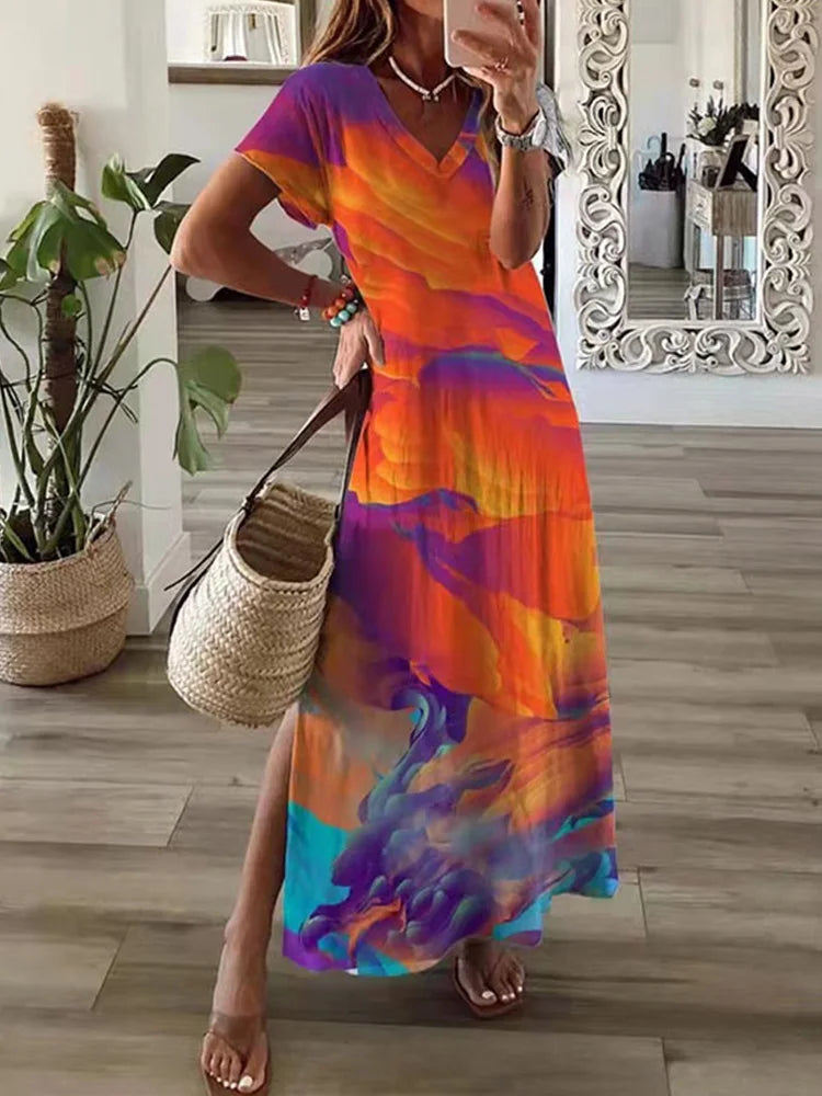 Geometric Print T-Shirt Maxi Dress – Casual Summer A-Line Dress with Short Sleeves