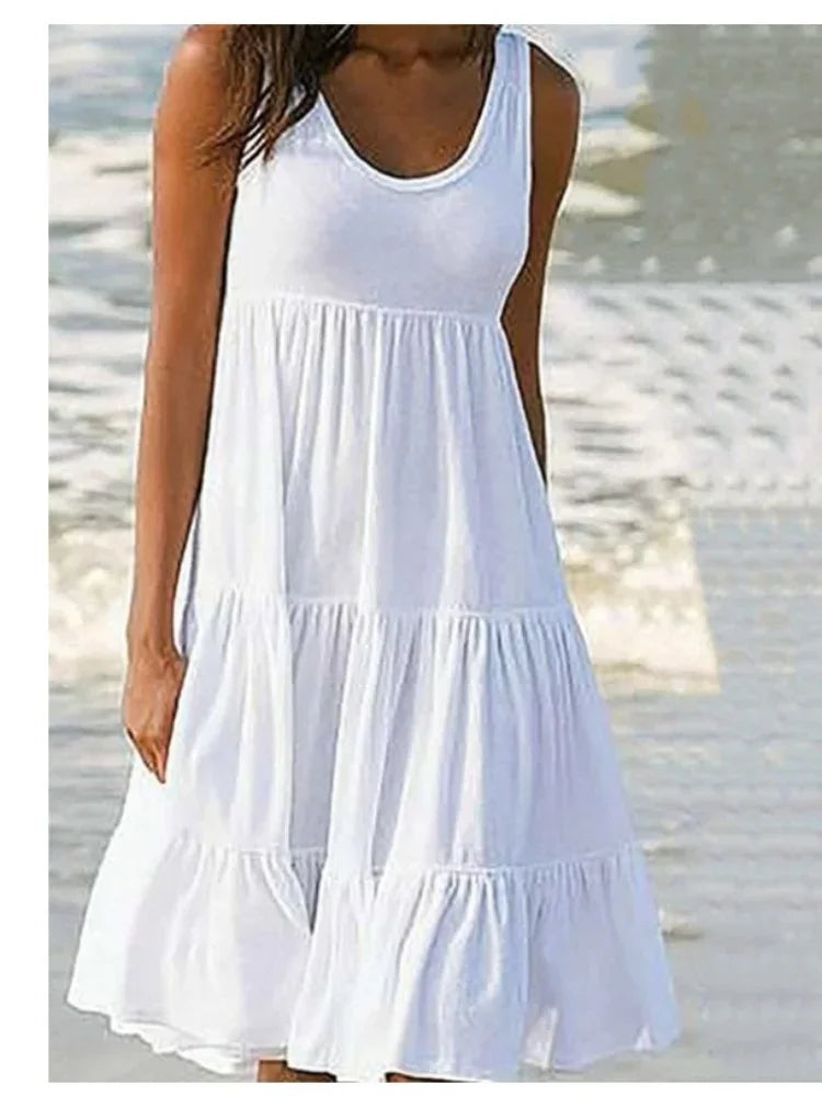 Oversized O-Neck Sleeveless Ruffle Loose Beach Dress – Boho Plus Size Sundress