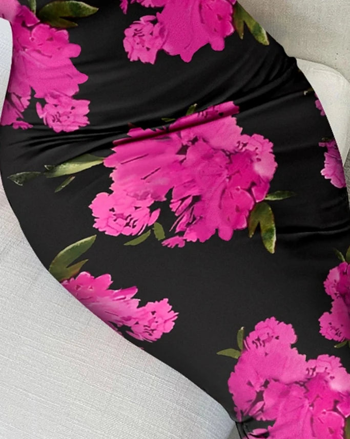 Elegant Women’s Floral Print Maxi Dress – Casual Vacation Lace Trim U-Neck Dress