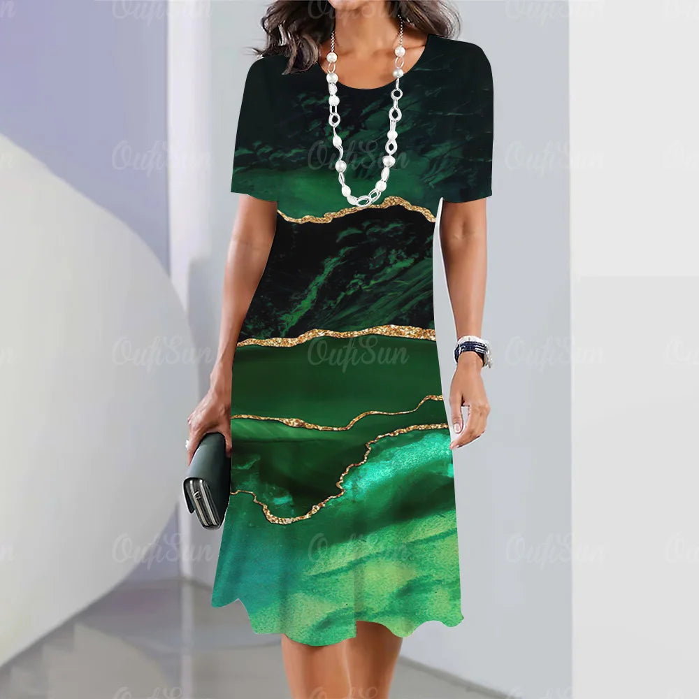 New Women’s Plus Size Midi Dress – Elegant Graphic Print Summer One-Piece